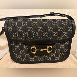 Gucci Horsebit 1955 Black Denim Shoulder Bag